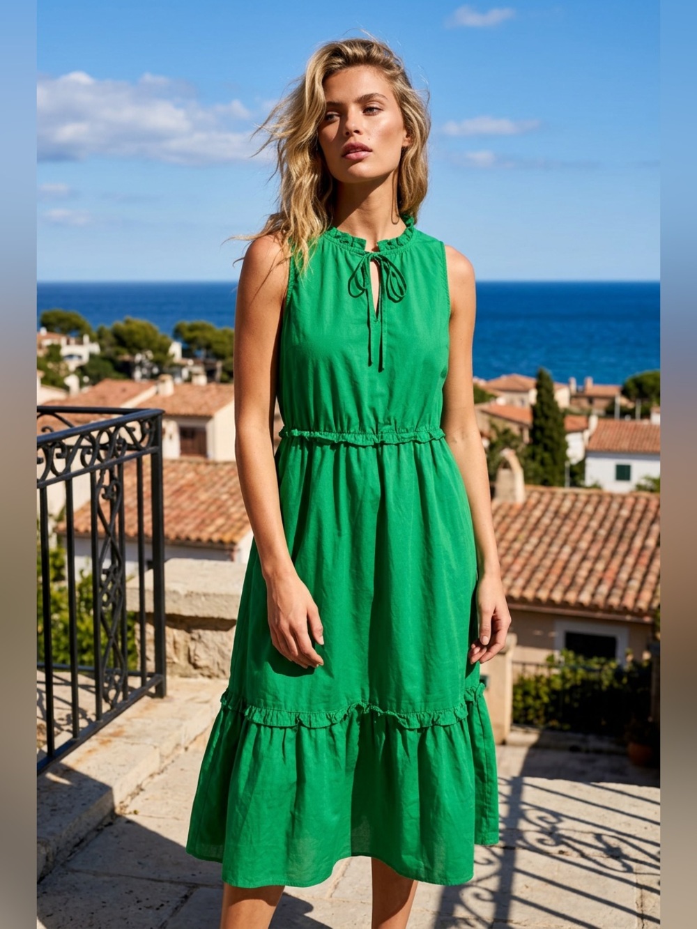 J. Crew Sleeveless Bright Green Tie-Neck Ruffle Midi Dress